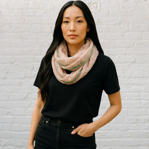 Vera Neumann Scarf Beige Green Boho Print Infinity Scarf Pom Pom Edging Detail - Picture 9 of 9